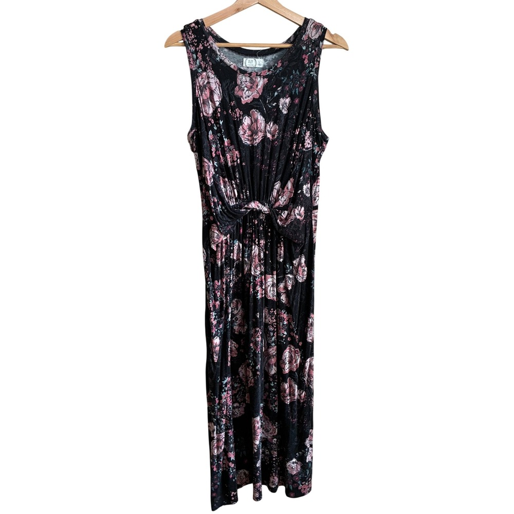 Maurices 24/7 Floral Maxi Dress L Black Pink Women Twist Front Rayon Spandex